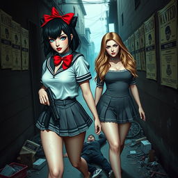 A highly detailed photographic image featuring a sexy, beautiful, curvy 25-year-old woman with medium messy black hair adorned with a red bow and captivating crystal blue eyes