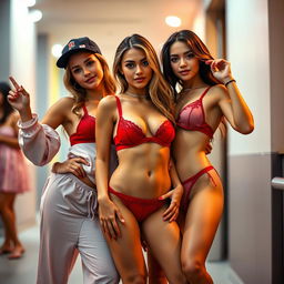 A striking scene featuring a sexy hot girl alongside a stylish boy and another girl, all confidently displaying their playful and vibrant personalities