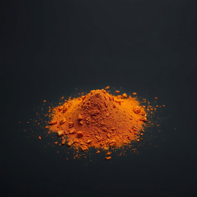 A medium amount of paprika powder with small pieces of chopped red bell pepper visible, scattered in a heap on the ground