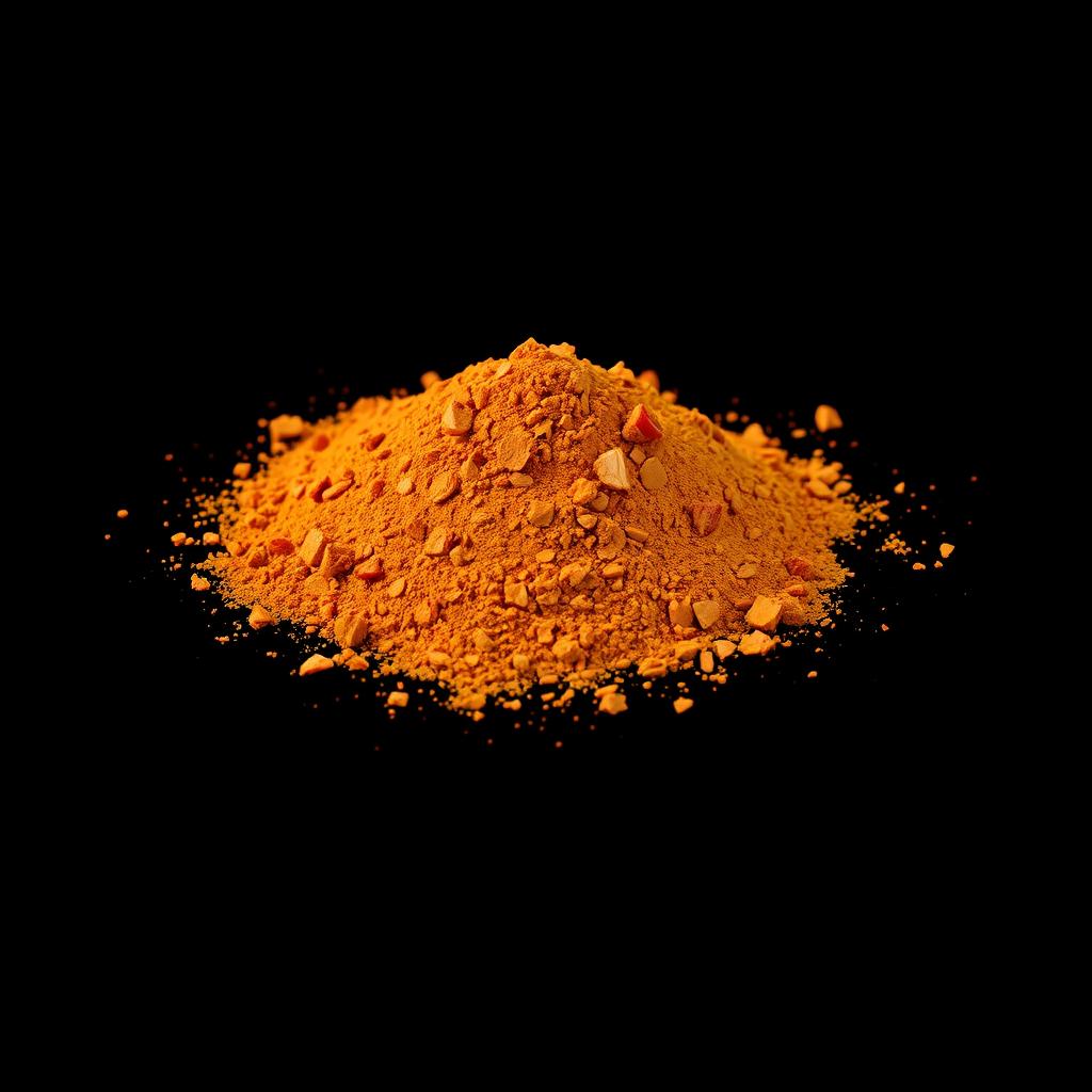 A medium amount of paprika powder with small pieces of chopped red bell pepper visible, scattered in a heap on the ground