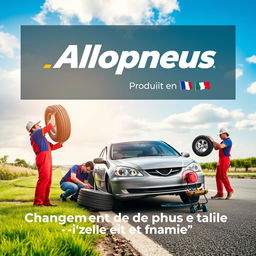 A vibrant advertisement poster for Allopneus, featuring dedicated workers changing a car's tires on the side of a road