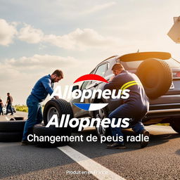 A vibrant advertisement poster for Allopneus, featuring dedicated workers changing a car's tires on the side of a road