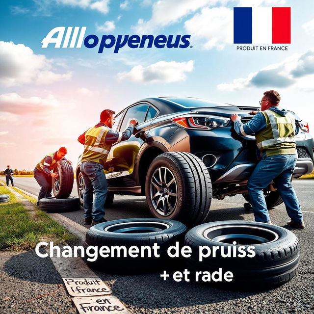 A vibrant advertisement poster for Allopneus, featuring dedicated workers changing a car's tires on the side of a road