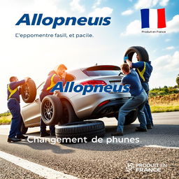 A vibrant advertisement poster for Allopneus, featuring dedicated workers changing a car's tires on the side of a road