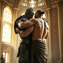 Two strong warriors embracing each other in a heartfelt hug inside a grand palace hall, one wearing ornate armor with intricate gold designs and the other in traditional ancient attire with a muscled back exposed