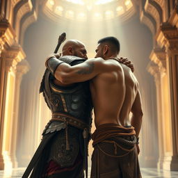 Two strong warriors embracing each other in a heartfelt hug inside a grand palace hall, one wearing ornate armor with intricate gold designs and the other in traditional ancient attire with a muscled back exposed