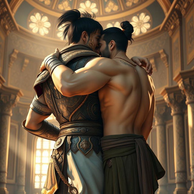 Two strong warriors embracing each other in a heartfelt hug inside a grand palace hall, one wearing ornate armor with intricate gold designs and the other in traditional ancient attire with a muscled back exposed