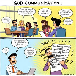 A comic strip depicting a humorous contrast between good and bad communication at a workplace