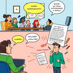 A comic strip depicting a humorous contrast between good and bad communication at a workplace