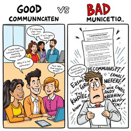 A comic strip depicting a humorous contrast between good and bad communication at a workplace