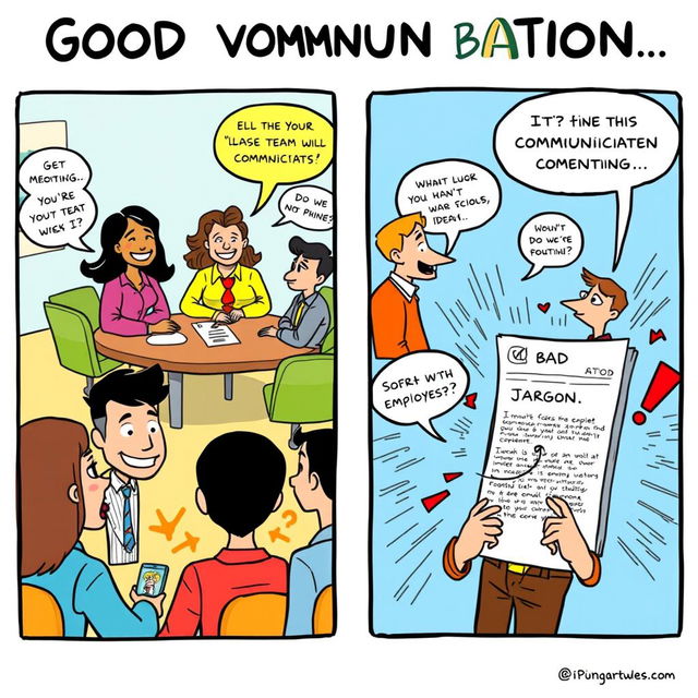 A comic strip depicting a humorous contrast between good and bad communication at a workplace