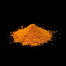 A medium amount of paprika powder with finely ground pieces of red bell pepper visible, scattered in a heap on the ground