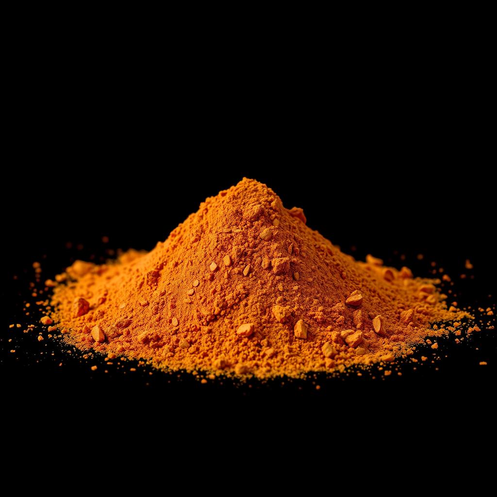 A medium amount of paprika powder with finely ground pieces of red bell pepper visible, scattered in a heap on the ground