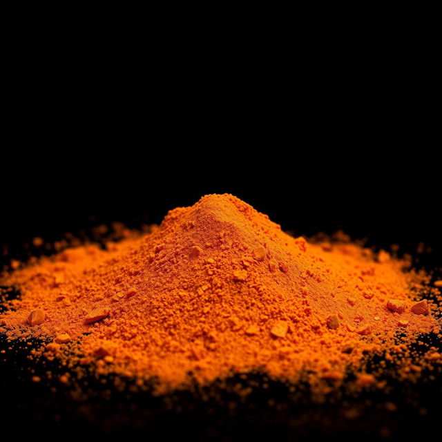 A medium amount of paprika powder with finely ground pieces of red bell pepper visible, scattered in a heap on the ground