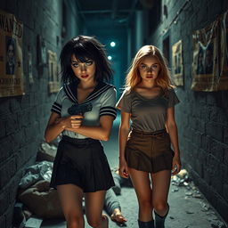 A captivating photographic scene set in a narrow, dark, dimly lit alleyway cluttered with garbage, adorned with old 'Wanted' posters on the walls