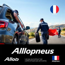 Une affiche publicitaire pour l'entreprise Allopneus, mettant en scène des travailleurs de l'entreprise changeant les pneus d'une voiture sur une route