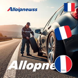 Une affiche publicitaire pour l'entreprise Allopneus, mettant en scène des travailleurs de l'entreprise changeant les pneus d'une voiture sur une route