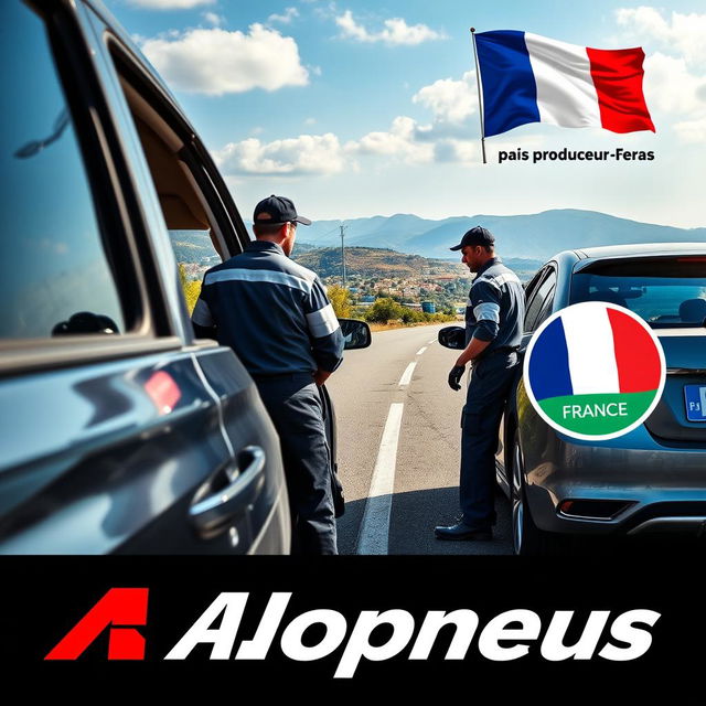 Une affiche publicitaire pour l'entreprise Allopneus, mettant en scène des travailleurs de l'entreprise changeant les pneus d'une voiture sur une route