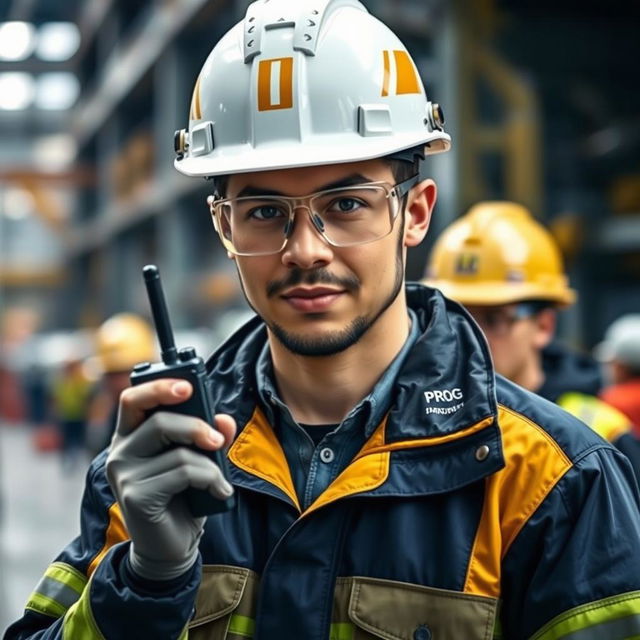 A worker wearing a white helmet with golden stripes and clear protective glasses, dressed in a dark blue and gold jacket bearing the word 'PROG', is holding a walkie-talkie