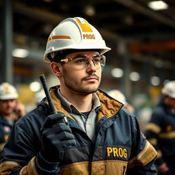 A worker wearing a white helmet with golden stripes and clear protective glasses, dressed in a dark blue and gold jacket bearing the word 'PROG', is holding a walkie-talkie