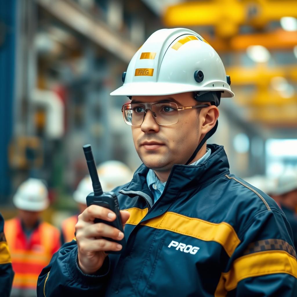 A worker wearing a white helmet with golden stripes and clear protective glasses, dressed in a dark blue and gold jacket bearing the word 'PROG', is holding a walkie-talkie