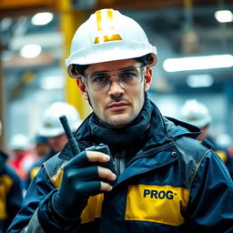 A worker wearing a white helmet with golden stripes and clear protective glasses, dressed in a dark blue and gold jacket bearing the word 'PROG', is holding a walkie-talkie