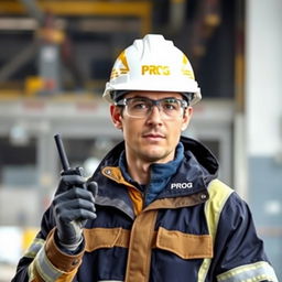A worker wearing a white helmet with golden stripes and protective glasses, dressed in a dark blue and gold jacket that says 'PROG', is holding a walkie-talkie