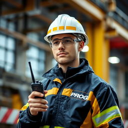 A worker wearing a white helmet with golden stripes and protective glasses, dressed in a dark blue and gold jacket that says 'PROG', is holding a walkie-talkie