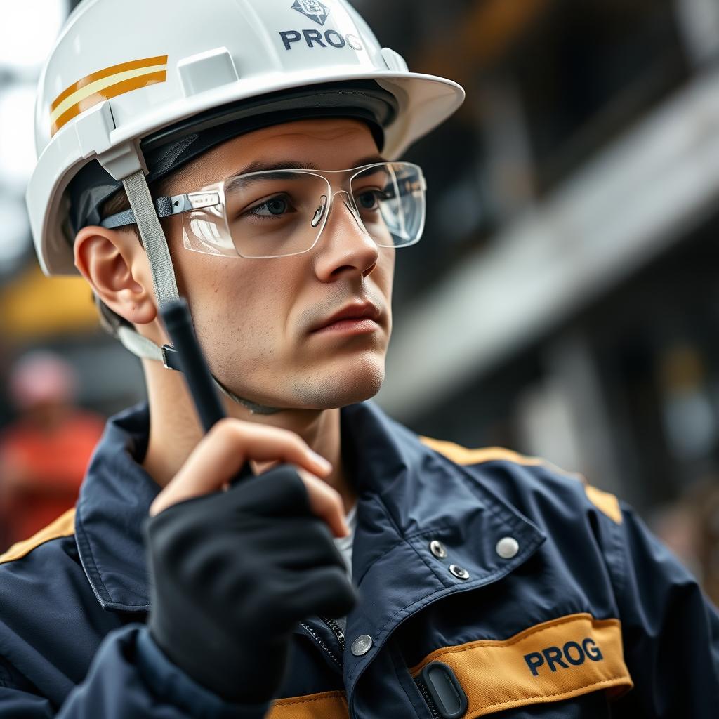 A worker wearing a white helmet with golden stripes and protective glasses, dressed in a dark blue and gold jacket that says 'PROG', is holding a walkie-talkie