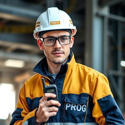 A worker wearing a white helmet with golden stripes and protective glasses, dressed in a dark blue and gold jacket that says 'PROG', is holding a walkie-talkie