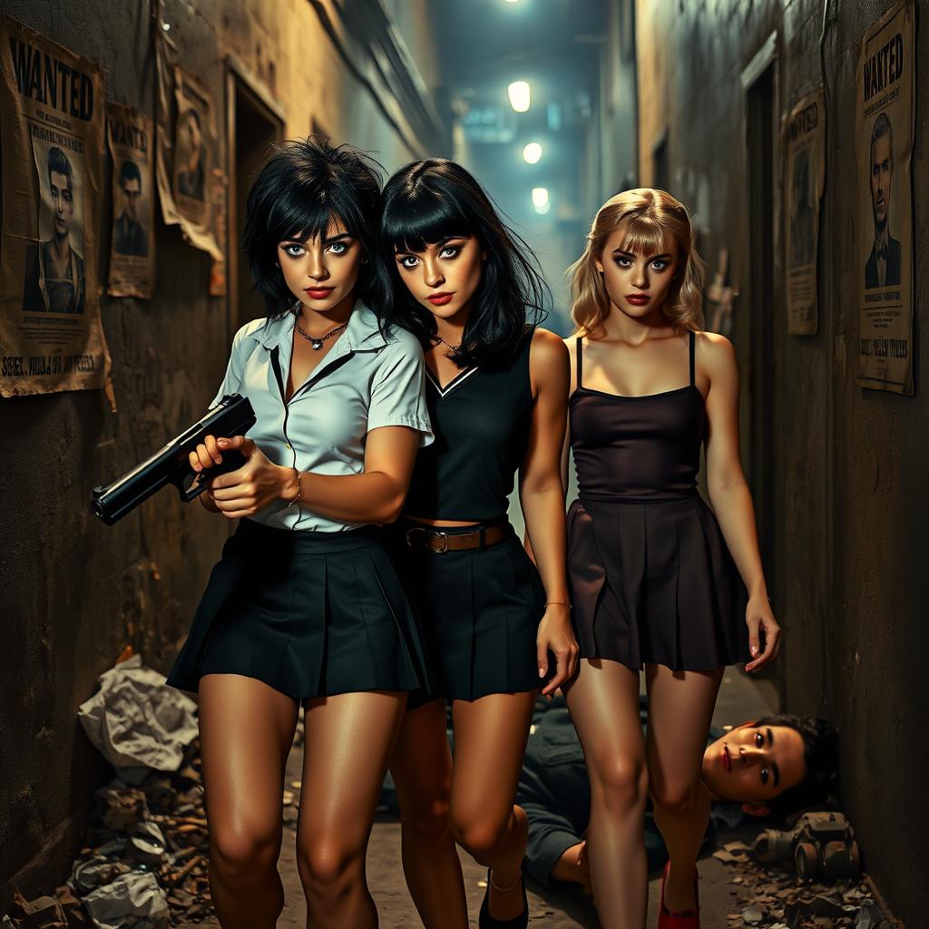 A striking photographic scene set in a narrow, dark, dimly lit alleyway littered with garbage and decorated with old 'Wanted' posters on the walls