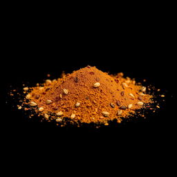 A medium amount of paprika powder featuring very fine pieces of dried red bell pepper skin along with dried seeds scattered in a heap on the ground