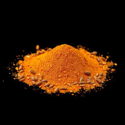 A medium amount of paprika powder featuring very fine pieces of dried red bell pepper skin along with dried seeds scattered in a heap on the ground