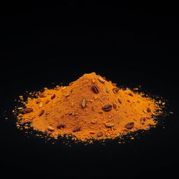 A medium amount of paprika powder featuring very fine pieces of dried red bell pepper skin along with dried seeds scattered in a heap on the ground