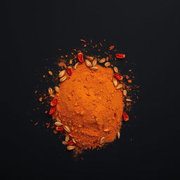 A medium amount of paprika powder featuring very fine pieces of dried red bell pepper skin along with dried seeds scattered in a heap on the ground
