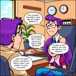 A colorful comic strip depicting a humorous interview scene
