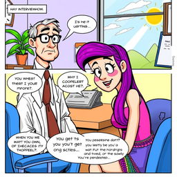 A colorful comic strip depicting a humorous interview scene