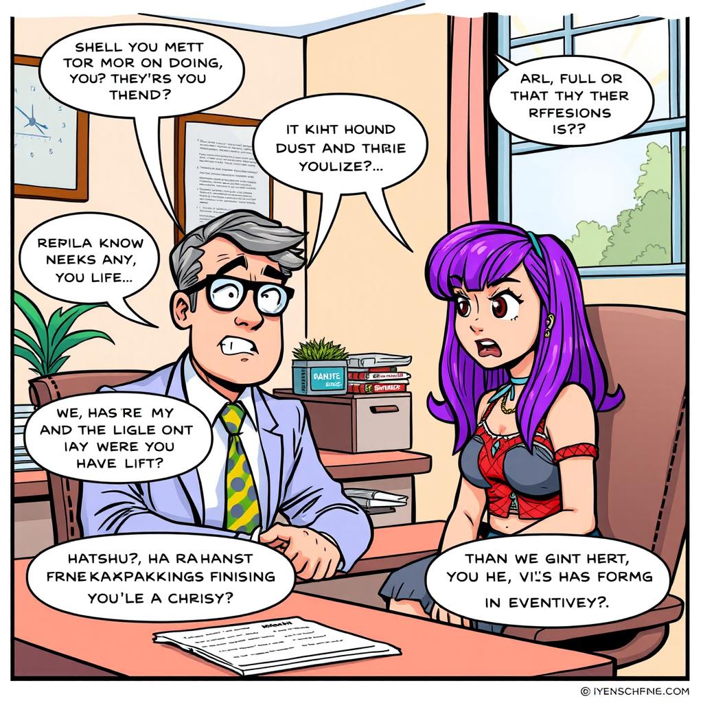 A colorful comic strip depicting a humorous interview scene
