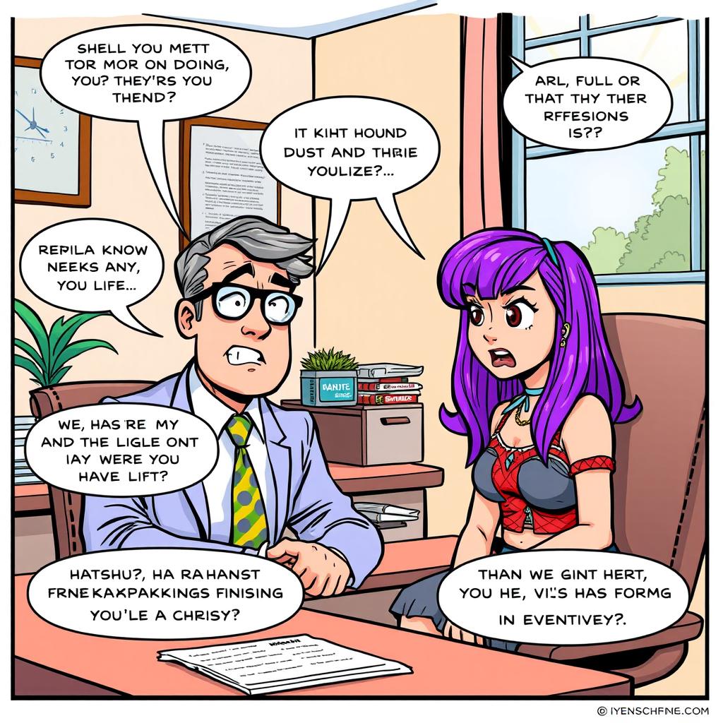 A colorful comic strip depicting a humorous interview scene