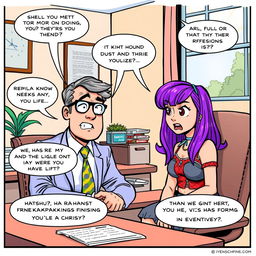 A colorful comic strip depicting a humorous interview scene