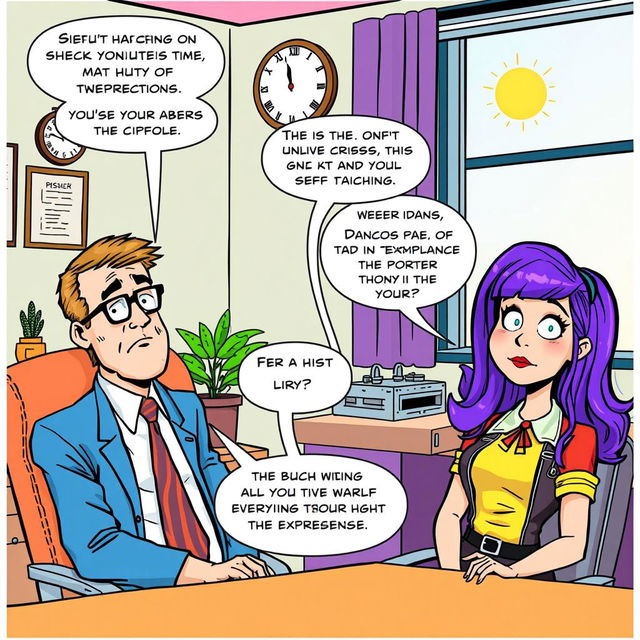 A colorful comic strip depicting a humorous interview scene