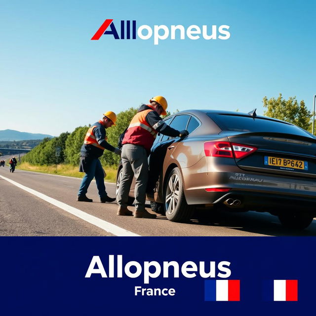 Une affiche publicitaire dynamique pour l'entreprise Allopneus, mettant en scène des travailleurs de l'entreprise en train de changer les pneus d'une voiture sur le bord de la route