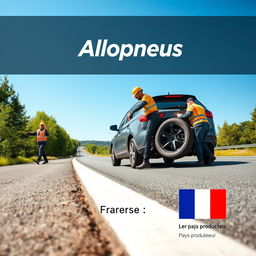 Une affiche publicitaire dynamique pour l'entreprise Allopneus, mettant en scène des travailleurs de l'entreprise en train de changer les pneus d'une voiture sur le bord de la route