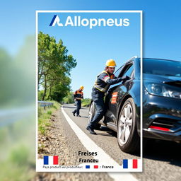 Une affiche publicitaire dynamique pour l'entreprise Allopneus, mettant en scène des travailleurs de l'entreprise en train de changer les pneus d'une voiture sur le bord de la route