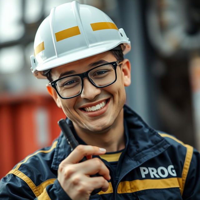 A worker wearing a white helmet with golden stripes and protective glasses, dressed in a dark blue and gold jacket that says 'PROG', is holding a walkie-talkie and smiling