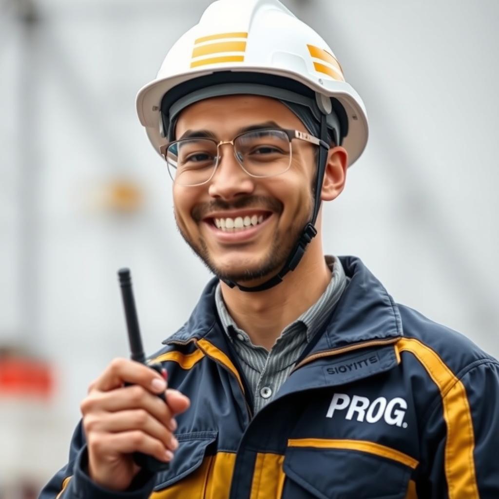 A worker wearing a white helmet with golden stripes and protective glasses, dressed in a dark blue and gold jacket that says 'PROG', is holding a walkie-talkie and smiling