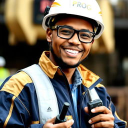 A worker wearing a white helmet with golden stripes and protective glasses, dressed in a dark blue and gold jacket that says 'PROG', is holding a walkie-talkie and smiling