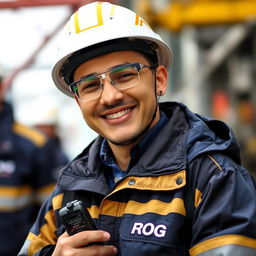 A worker wearing a white helmet with golden stripes and protective glasses, dressed in a dark blue and gold jacket that says 'PROG', is holding a walkie-talkie and smiling