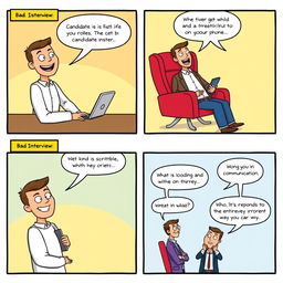 A comic strip depicting a humorous interview scenario illustrating both good and bad communication