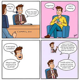 A comic strip depicting a humorous interview scenario illustrating both good and bad communication